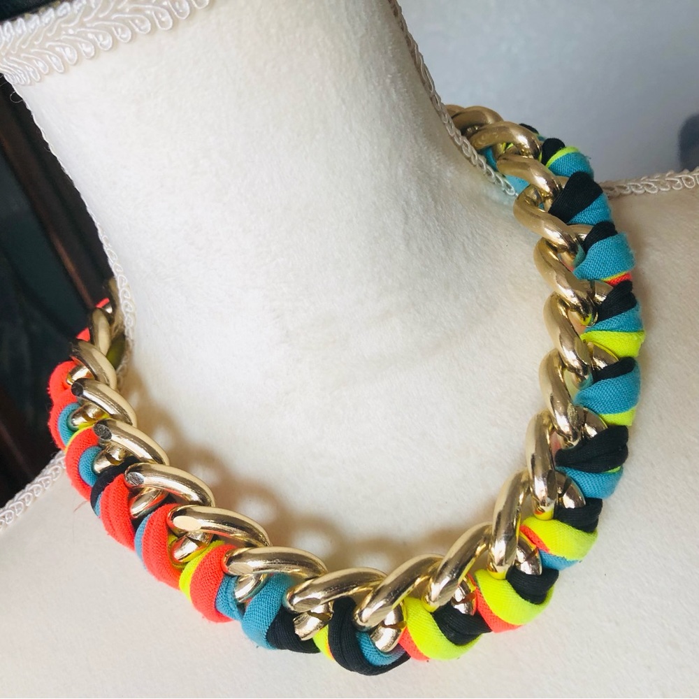 Hand crafted colorful ribbon braided gold chain necklace